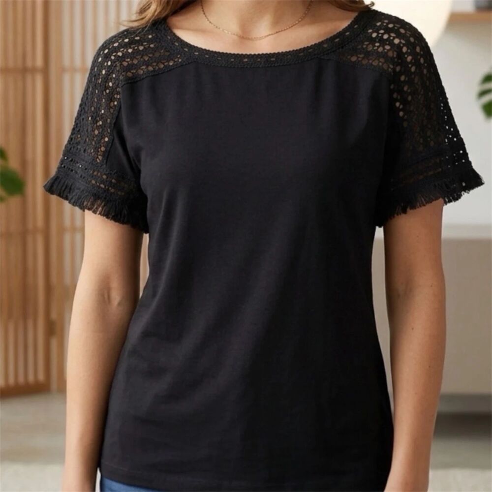 Ann Taylor Loft Shirt Womens Sz XXL Crochet Dolman Tee Black Soft Rayon Fringe